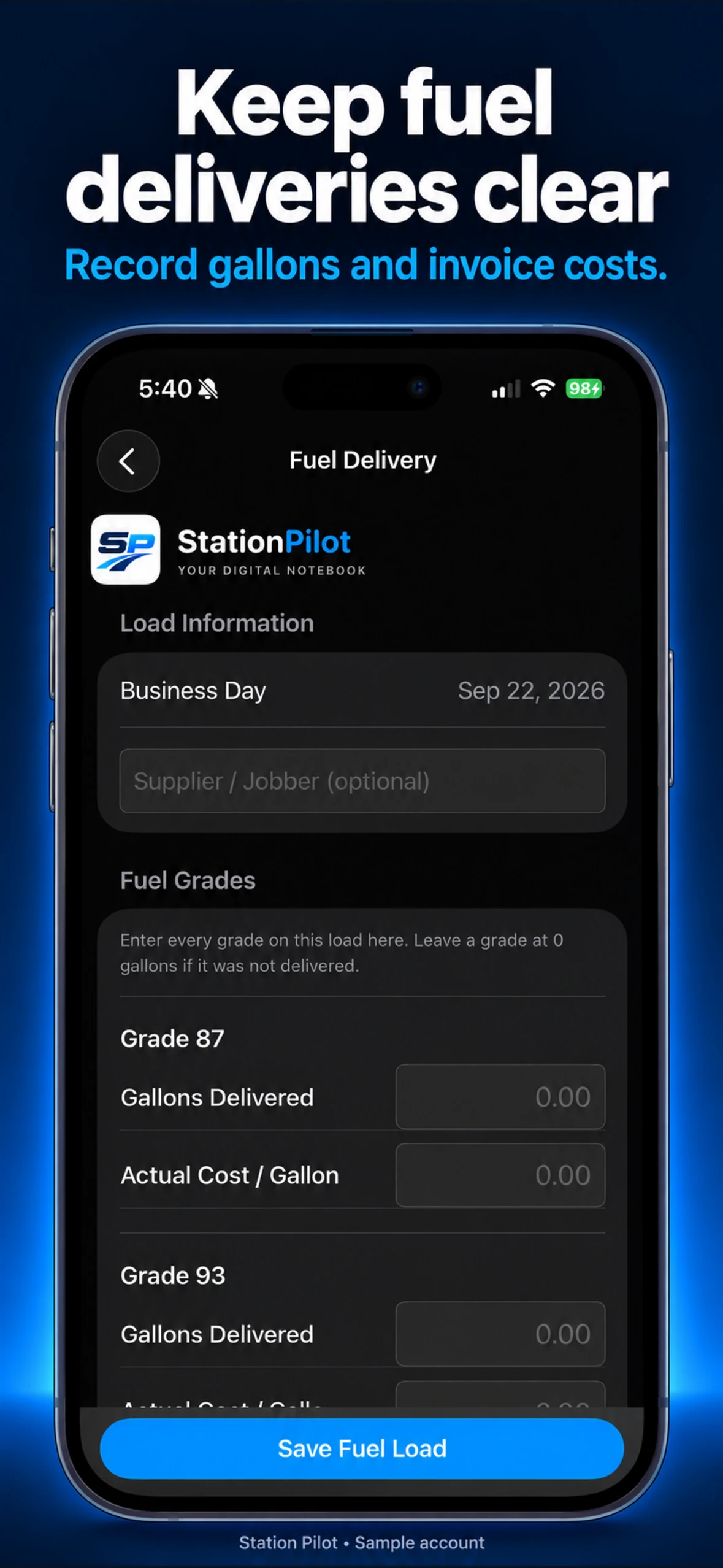 Station Pilot fuel delivery entry screen