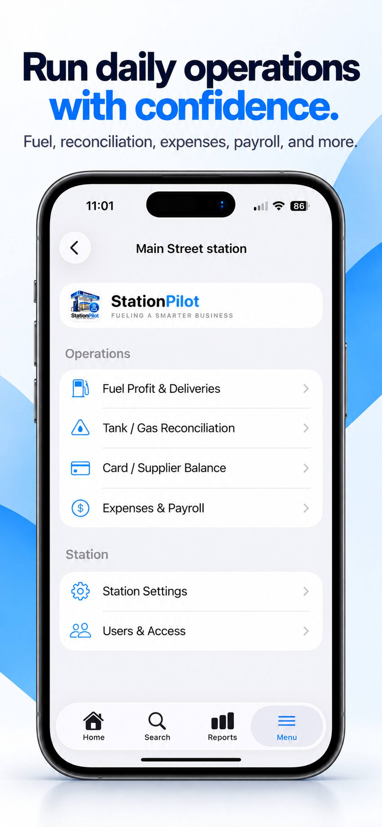 Station Pilot operations menu showing fuel profit, reconciliation, card balances, expenses and payroll